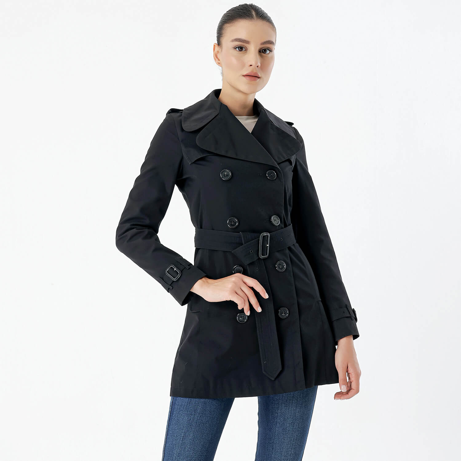 Burberry  - Black Cotton Double Breasted Trench Coat